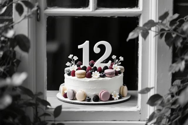 Een wit geglazuurde taart in de vorm van 12 met bessen, macarons en eetbare bloemen staat op een vensterbank, met onscherpe bladeren en een zwart-witte achtergrond.