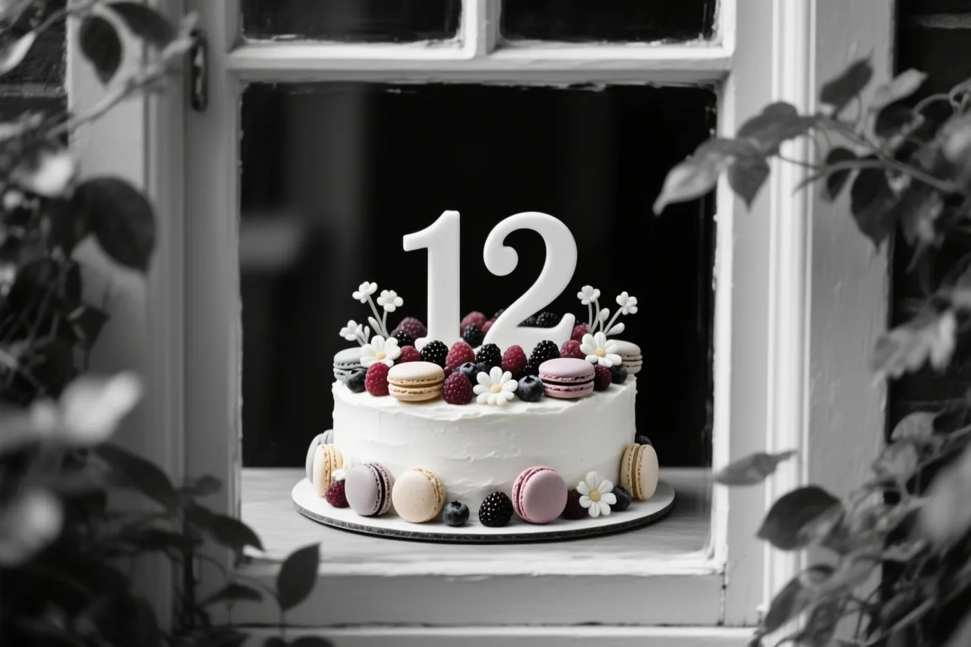 Een wit geglazuurde taart in de vorm van 12 met bessen, macarons en eetbare bloemen staat op een vensterbank, met onscherpe bladeren en een zwart-witte achtergrond.
