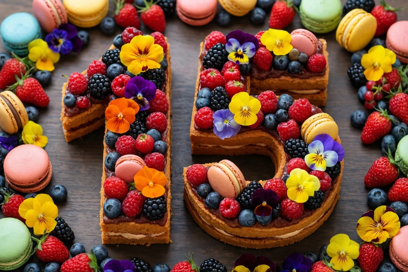 Een taart in de vorm van 15 met frambozen, bramen, blauwe bessen, macarons en eetbare bloemen staat op een donkere houten ondergrond.