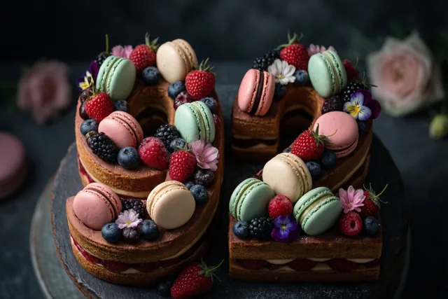 Een taart in de vorm van 92 met bessen, macarons en eetbare bloemen staat op donkere leisteen, met onscherpe roze rozen op de achtergrond.