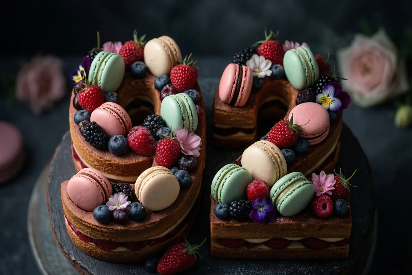 Een taart in de vorm van 92 met bessen, macarons en eetbare bloemen staat op donkere leisteen, met onscherpe roze rozen op de achtergrond.