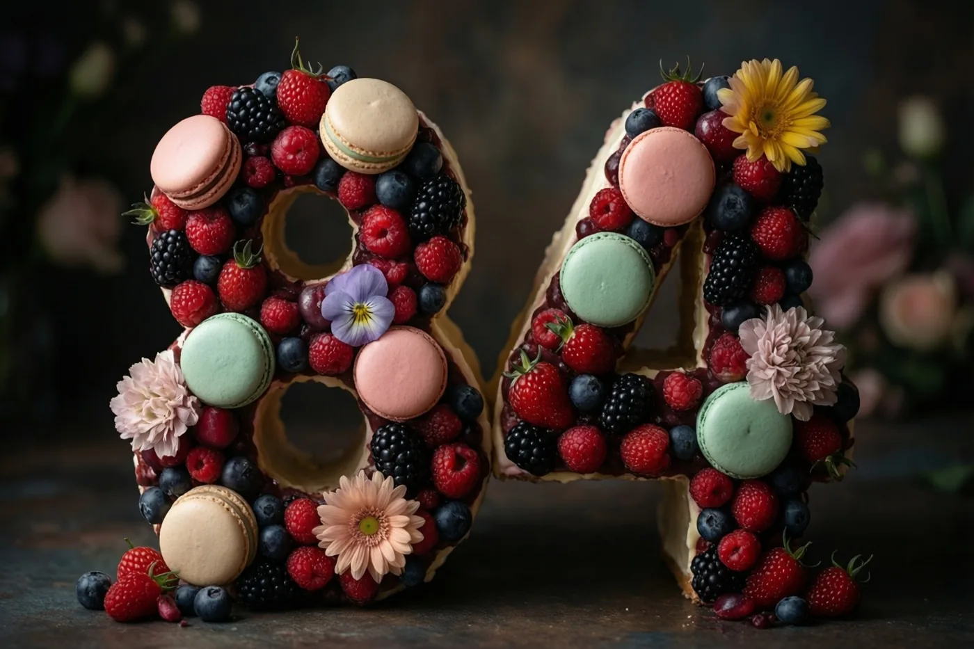 Een taart in de vorm van 84 met bessen, macarons en eetbare bloemen staat op een donkere, rustieke ondergrond met onscherpe bloemen achteraan.