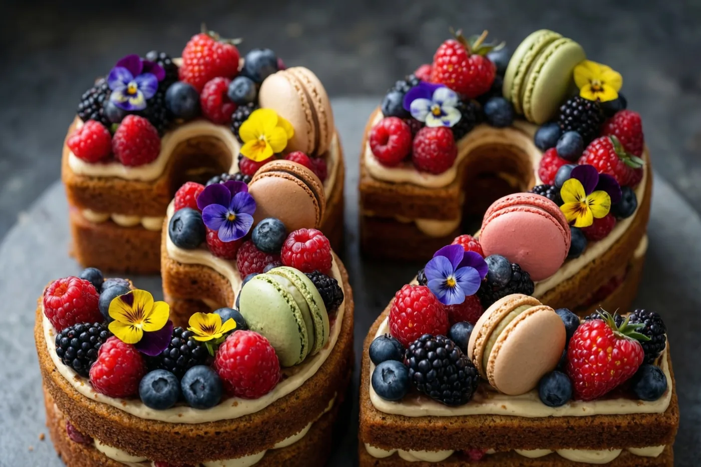 Een taart in de vorm van 32 met frambozen, bramen, blauwe bessen, macarons en eetbare bloemen staat op een donker stenen oppervlak.