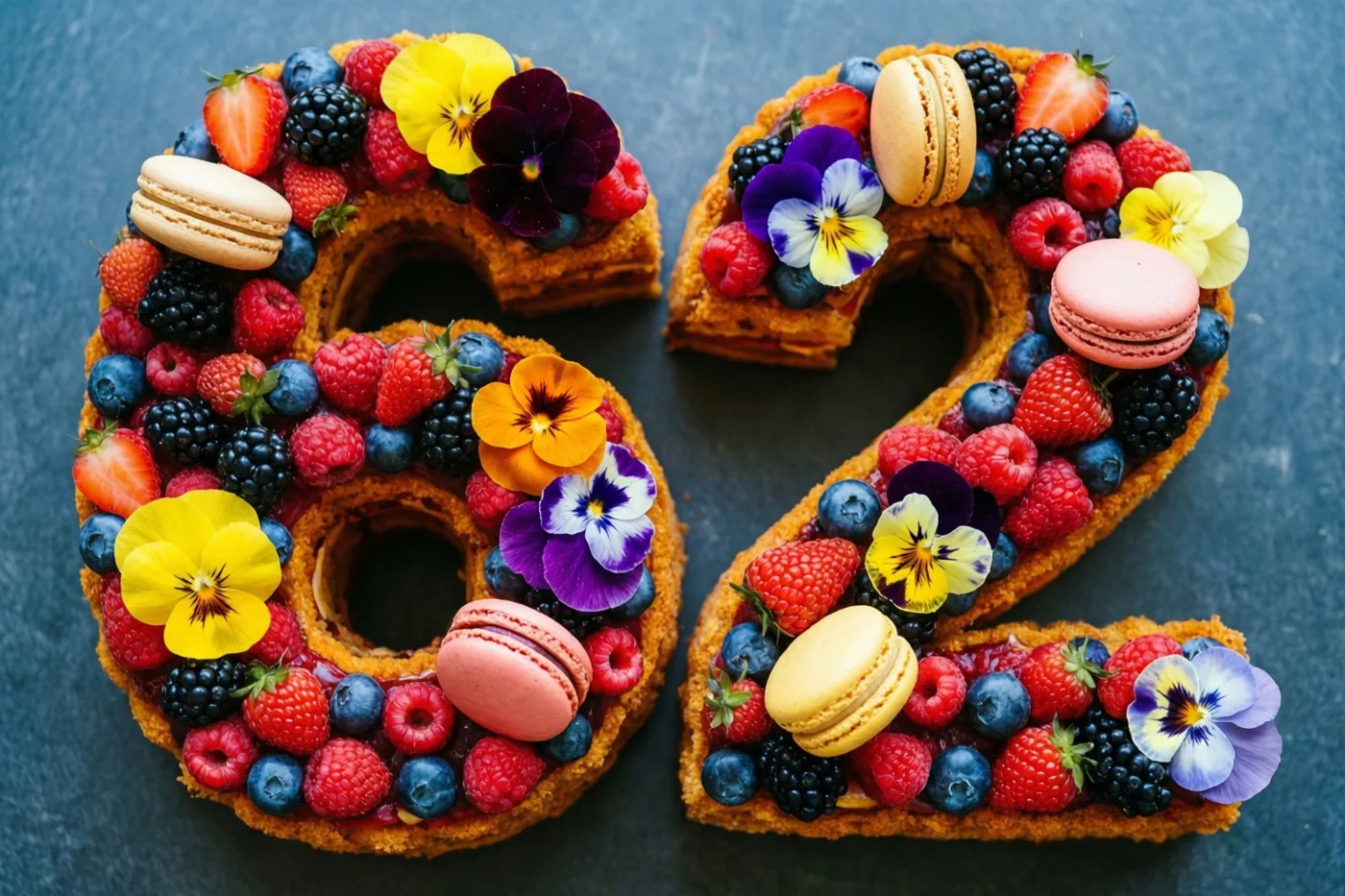 Een taart in de vorm van 62 met bessen, macarons en eetbare bloemen staat op een donkergrijze ondergrond.