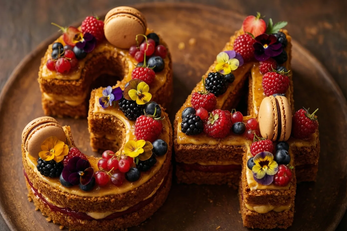 Een taart in de vorm van 34, versierd met bessen, macarons en eetbare bloemen, staat op een houten bord.