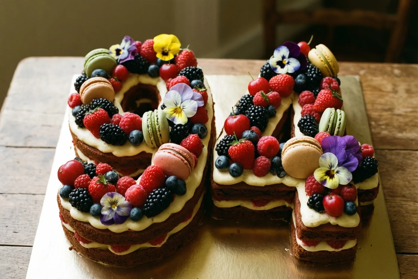 Een taart in de vorm van 94 ligt op een houten tafel en is versierd met bessen, macarons en eetbare bloemen in rijke rode en bruine tinten.