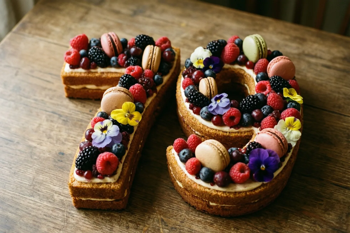 Een taart in de vorm van 79, versierd met bessen, macarons en eetbare bloemen, staat op een rustieke houten tafel.
