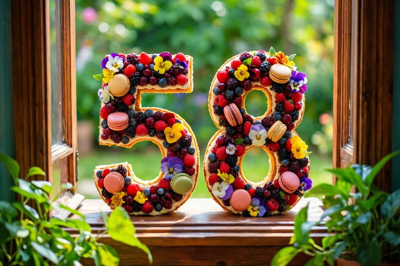 Twee grote cijfertaarten vormen 58 op een houten vensterbank, versierd met bessen, macarons en eetbare bloemen, met een zonnige groene tuin erachter.