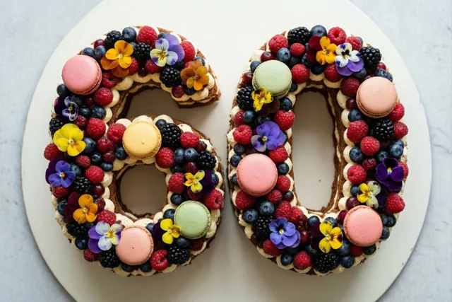 Van bovenaf is een taart in de vorm van 60 op een wit bord te zien, versierd met bessen, macarons en eetbare bloemen.