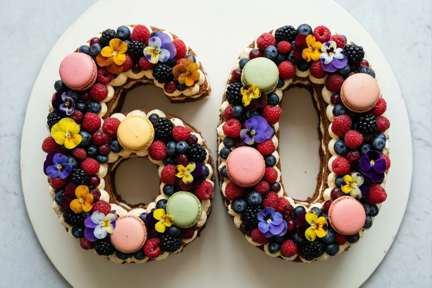 Van bovenaf is een taart in de vorm van 60 op een wit bord te zien, versierd met bessen, macarons en eetbare bloemen.