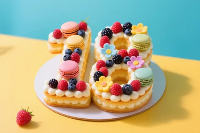Een taart in de vorm van 18 met bessen, macarons en eetbare bloemen staat op een wit bord op een gele ondergrond tegen een blauwe achtergrond.