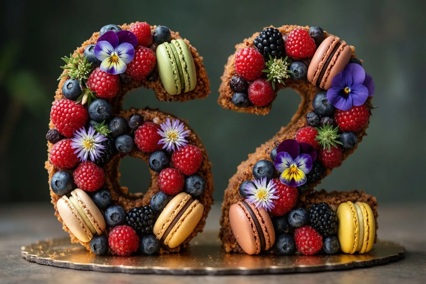 Een taart in de vorm van 62 met frambozen, blauwe bessen, bramen, macarons en eetbare bloemen staat op een gouden bord tegen een donkere onscherpe achtergrond.