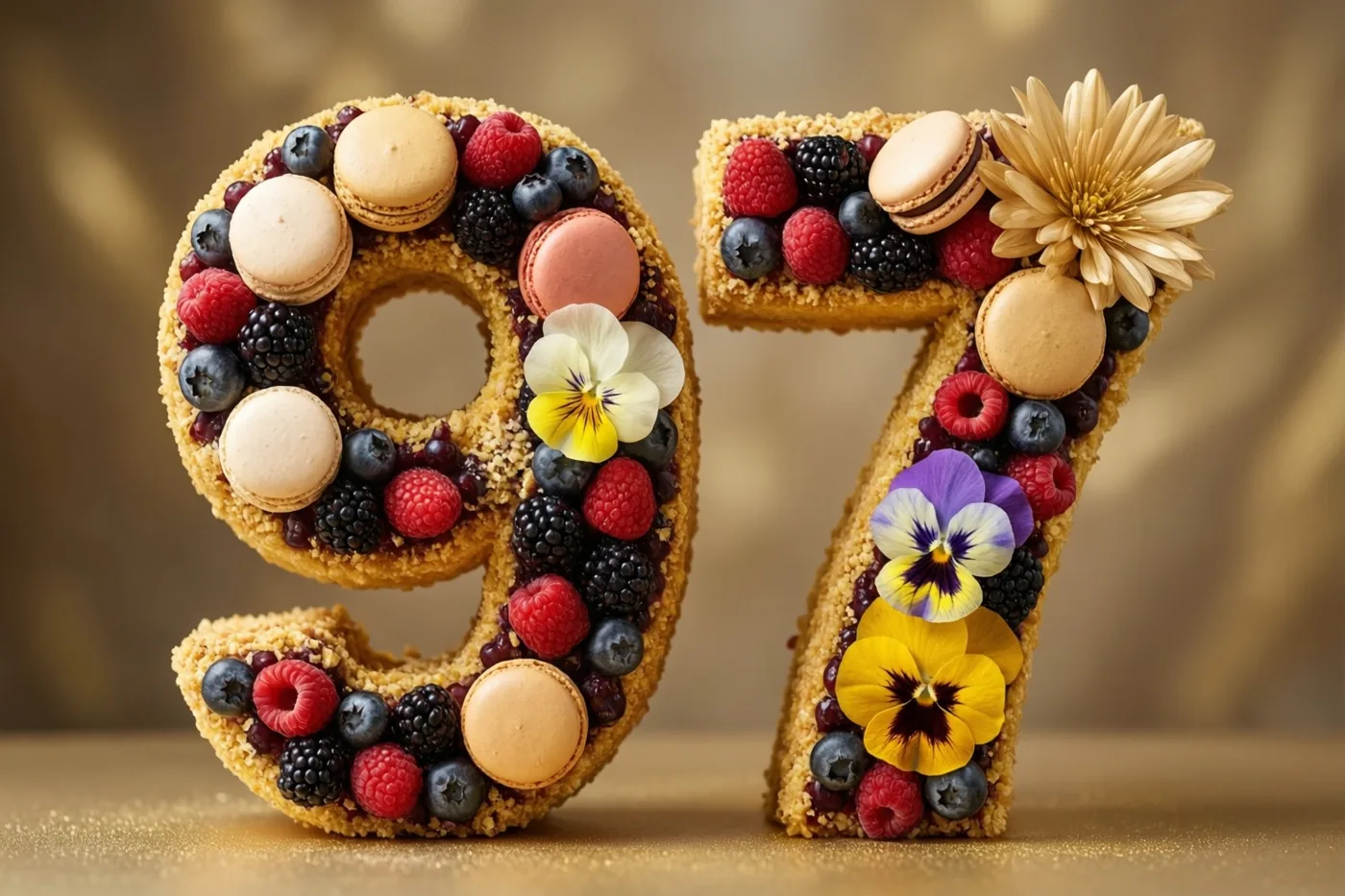 Een taart in de vorm van 97 met bessen, macarons en eetbare bloemen staat op een goudkleurige ondergrond tegen een gouden achtergrond.