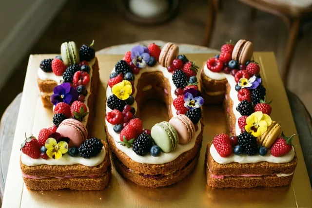 Een taart in de vorm van 101 ligt op een gouden schaal en is versierd met frambozen, bramen, blauwe bessen, macarons en eetbare bloemen.