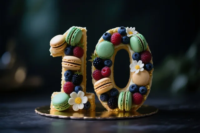 Een taart in de vorm van het getal 10 ligt op een goudkleurig bord en is versierd met kleurrijke macarons, verse bessen en eetbare witte bloemen tegen een donkere, onscherpe achtergrond.