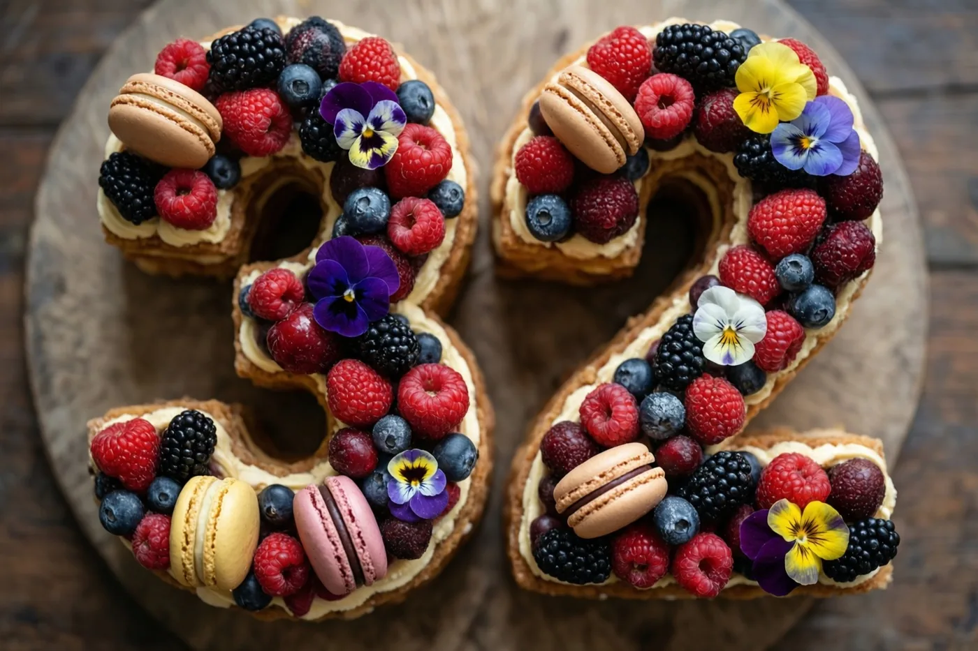 Een taart in de vorm van 32 met frambozen, bramen, blauwe bessen, macarons en eetbare bloemen staat op een houten plank tegen een houten achtergrond.