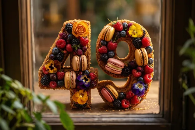 Een taart in de vorm van 49 met bessen, macarons en eetbare bloemen staat op een houten vensterbank, omlijst door een houten raam en groen.