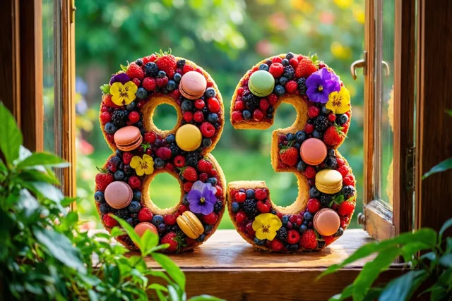Een taart in de vorm van 83 met bessen, macarons en eetbare bloemen staat op een houten vensterbank tussen groene planten, met een lichte onscherpe tuin erachter.