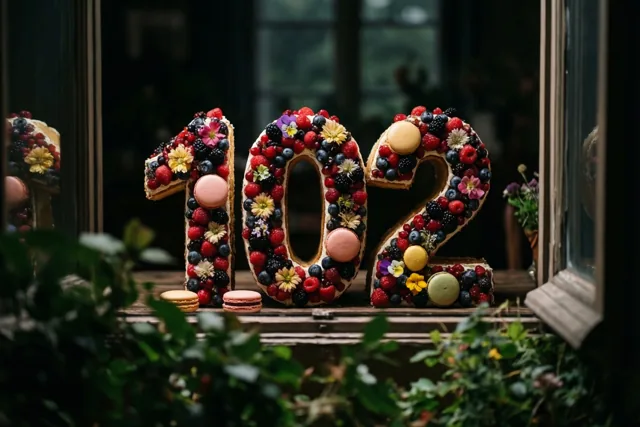 Een taart in de vorm van 102 met bessen, macarons en eetbare bloemen staat op een houten vensterbank, met groen vooraan en een donker raam erachter.