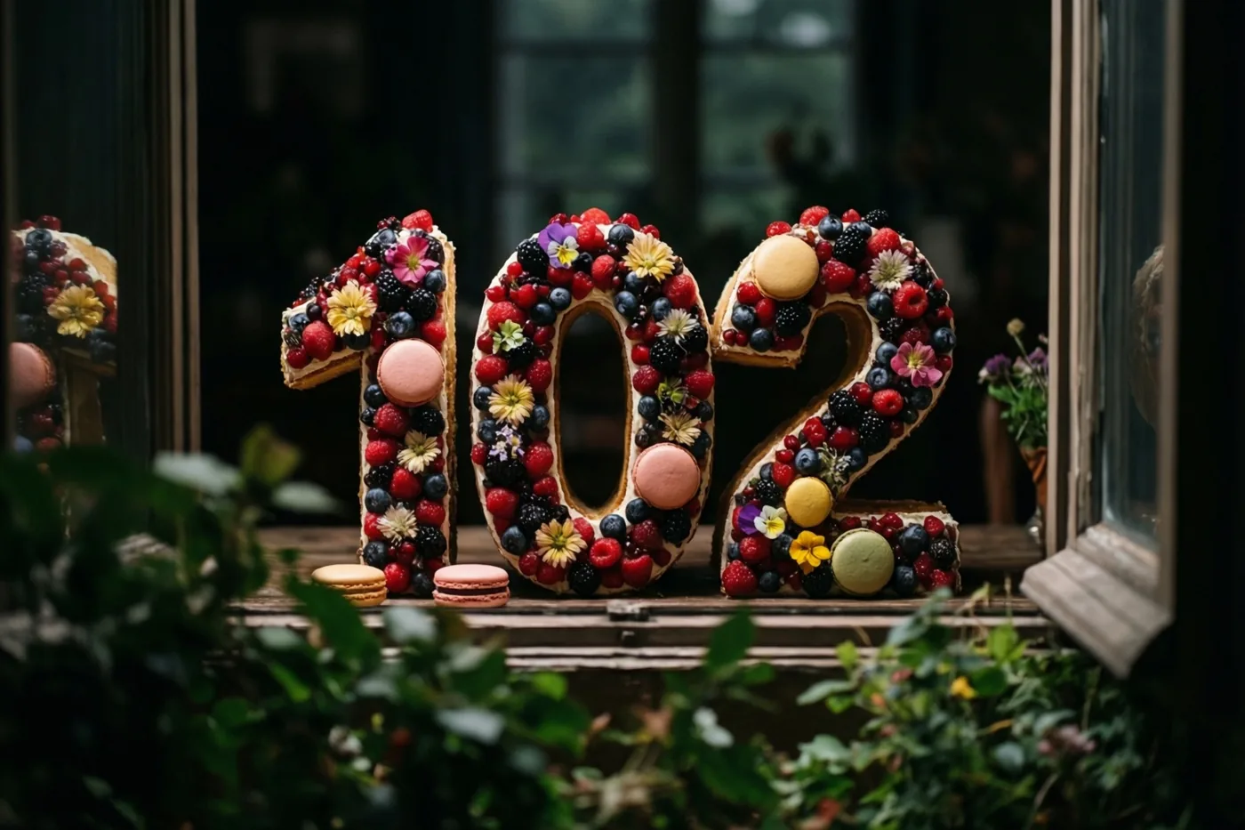 Een taart in de vorm van 102 met bessen, macarons en eetbare bloemen staat op een houten vensterbank, met groen vooraan en een donker raam erachter.