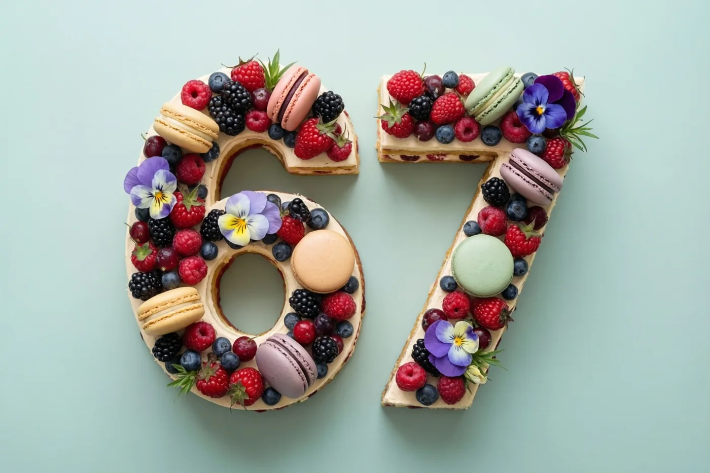 Van bovenaf zijn twee taartdelen in de vorm van 67 te zien met bessen, macarons en eetbare bloemen tegen een effen lichtblauwe achtergrond.