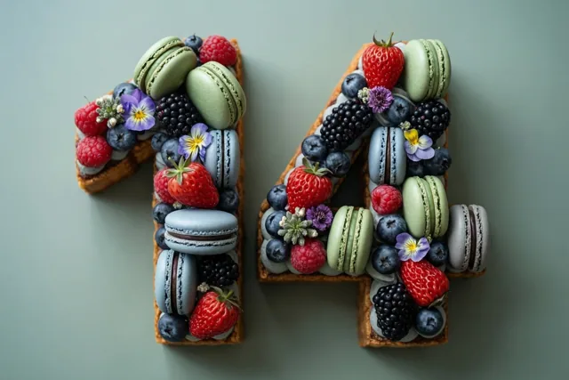 Een taart in de vorm van 14 is versierd met bessen, macarons en eetbare bloemen tegen een effen lichtgroene achtergrond.