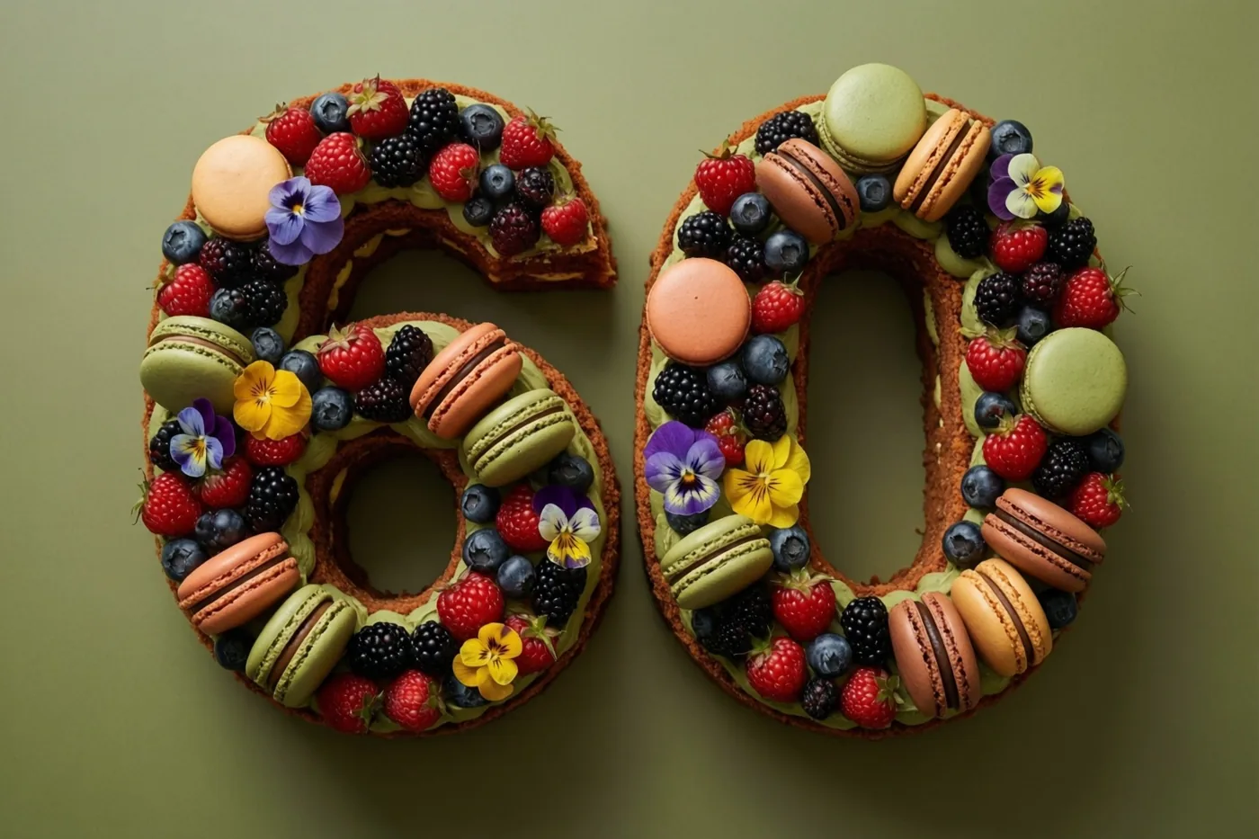 Een taart in de vorm van 60 met bessen, macarons en eetbare bloemen is van bovenaf te zien tegen een olijfgroene achtergrond.