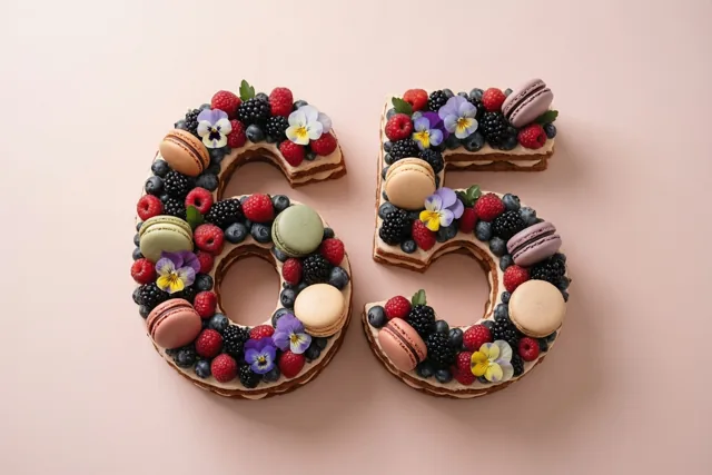 Een taart in de vorm van 65 is versierd met bessen, macarons en eetbare bloemen tegen een effen roze achtergrond.