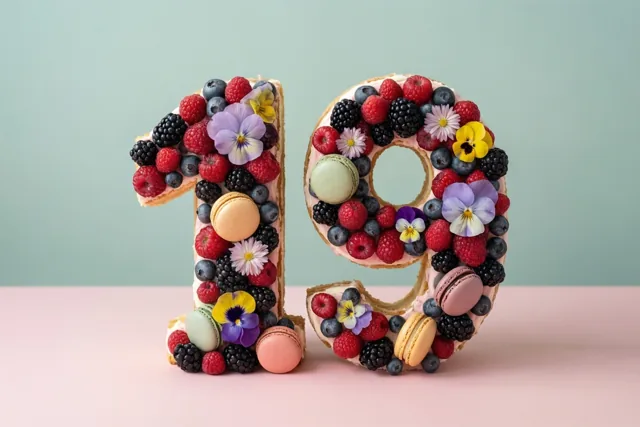 Een taart in de vorm van 19 met bessen, macarons en eetbare bloemen staat op een roze ondergrond tegen een lichtgroene achtergrond.