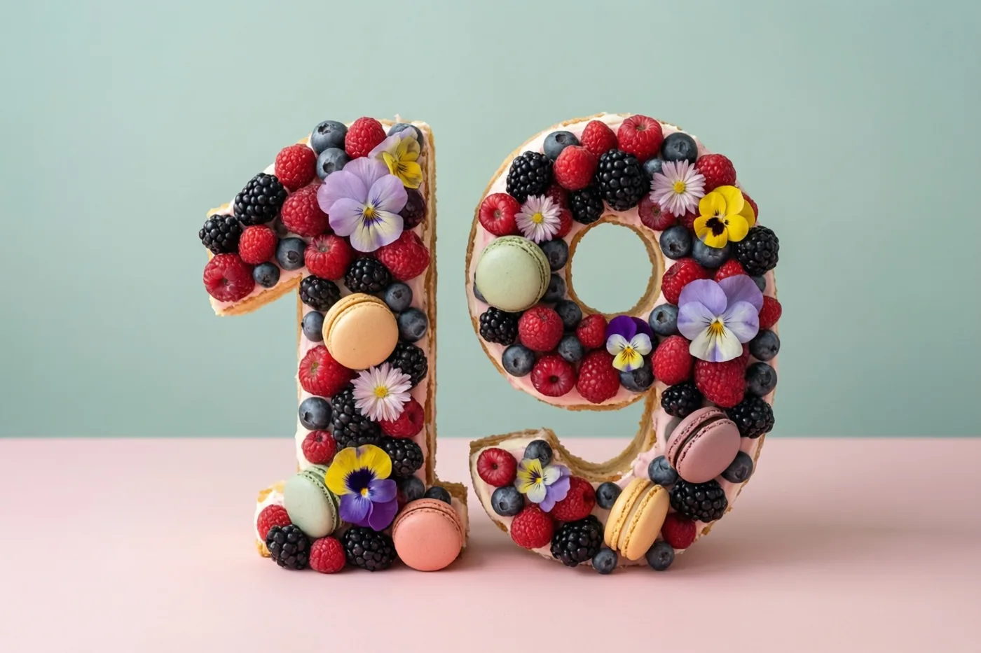 Een taart in de vorm van 19 met bessen, macarons en eetbare bloemen staat op een roze ondergrond tegen een lichtgroene achtergrond.