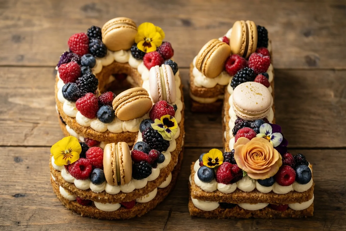 Een taart in de vorm van 91 met bessen, macarons en eetbare bloemen staat op een rustieke houten ondergrond, met rode, blauwe en gele accenten.
