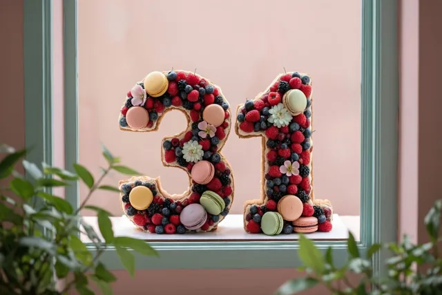 Een taart in de vorm van 31 met bessen, macarons en eetbare bloemen staat op een vensterbank bij een zachtroze muur en groene raamkozijnen, met groen op de voorgrond.