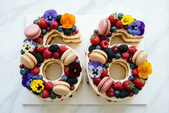 Een taart in de vorm van 66 met bessen, macarons en eetbare bloemen staat op een wit marmeren oppervlak.