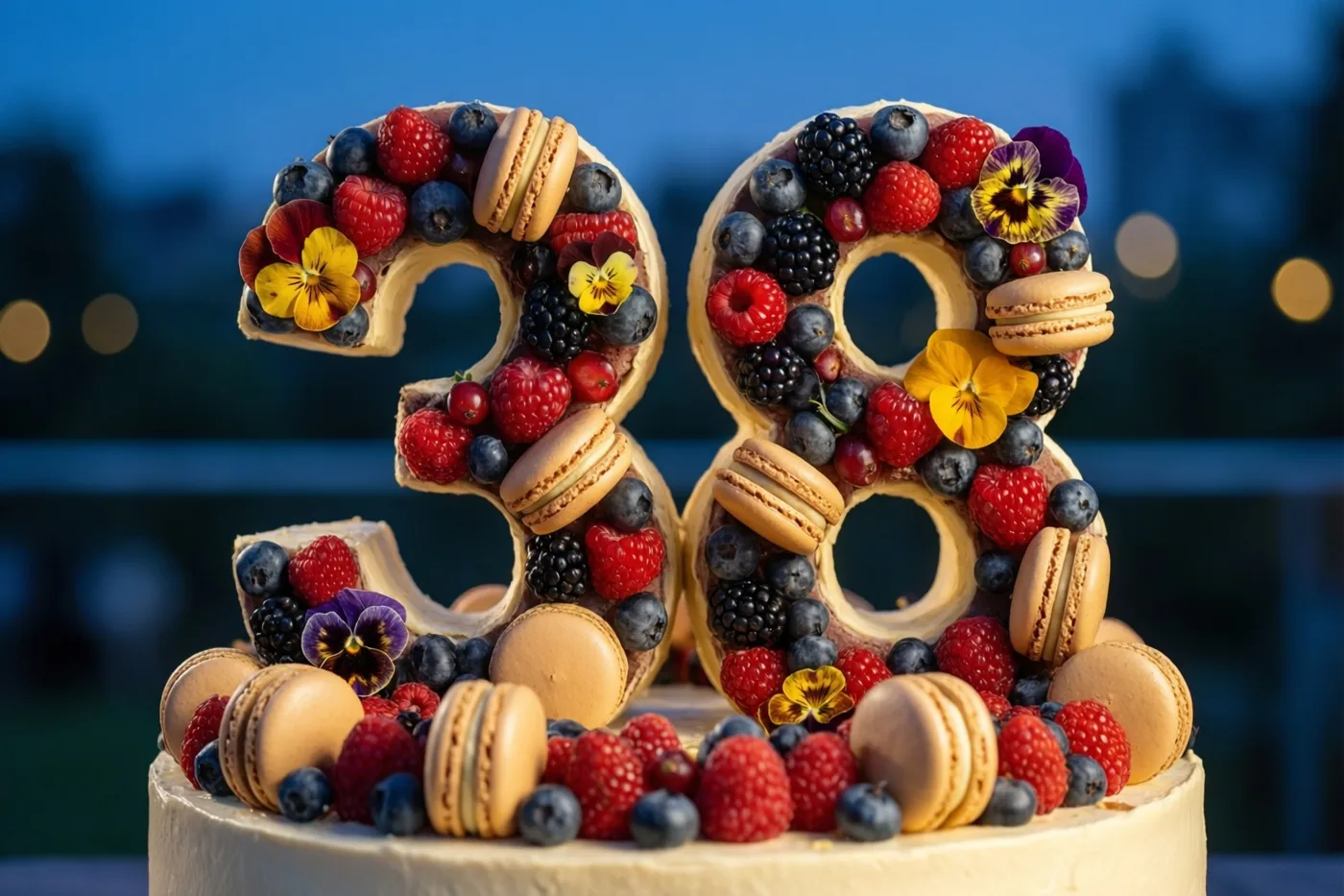 Een taart in de vorm van 38 is versierd met frambozen, blauwe bessen, bramen, macarons en eetbare bloemen, tegen een onscherpe blauwe avondachtergrond met lichtvlekken.