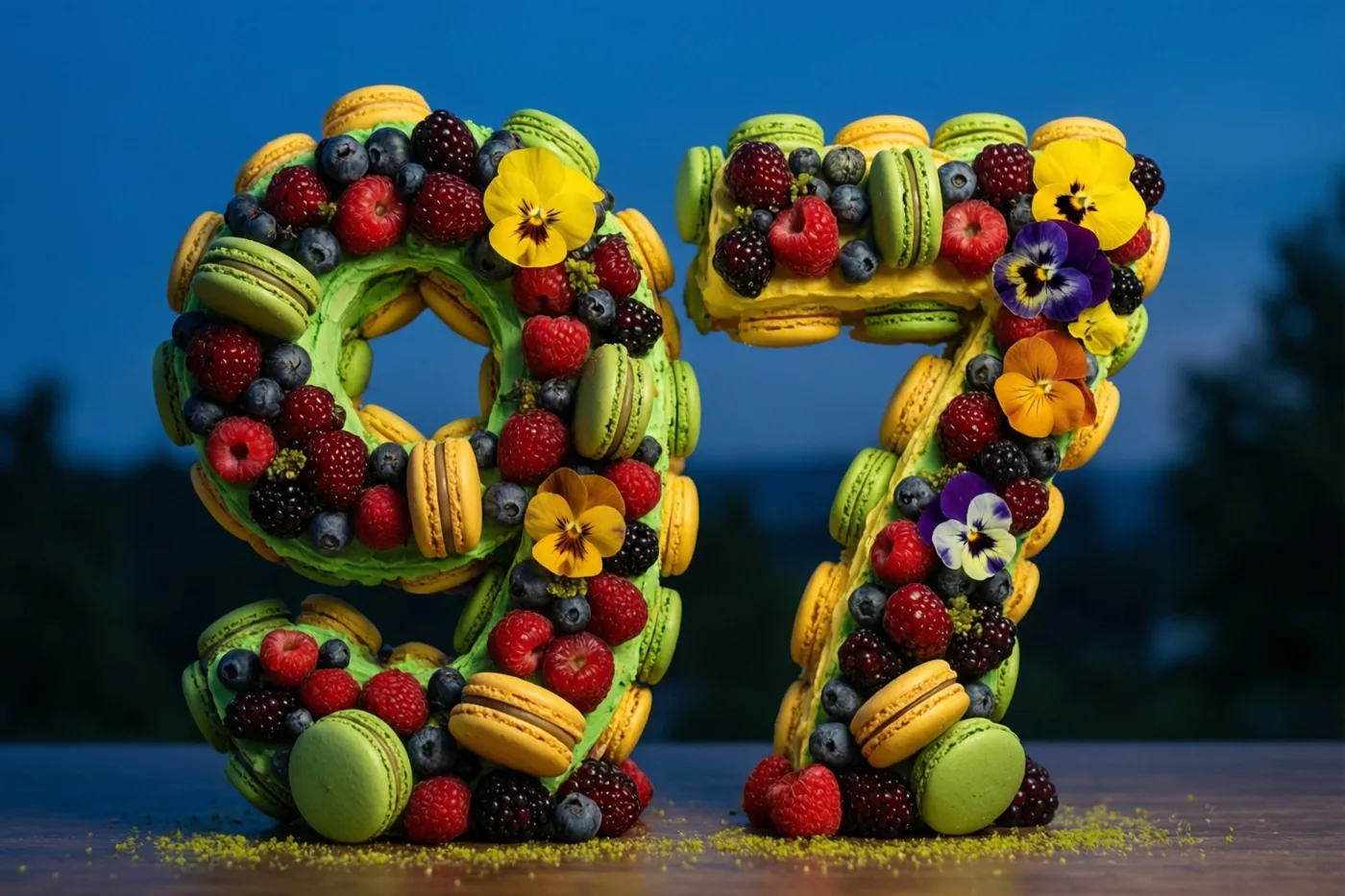 Een taart in de vorm van 97, versierd met macarons, bessen en eetbare bloemen, staat boven een houten ondergrond tegen een blauwe schemerlucht.