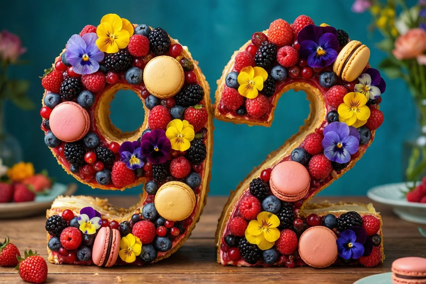 Een taart in de vorm van 92 met frambozen, bramen, blauwe bessen, macarons en eetbare bloemen staat op een houten tafel tegen een blauwgroene achtergrond met onscherpe bloemstukken.