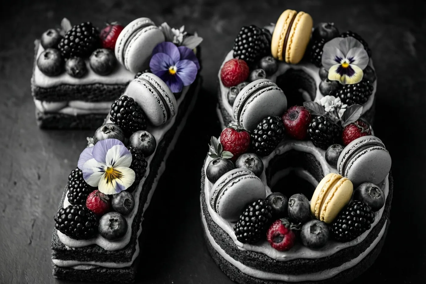 Twee taartstukken vormen 78 met bessen, macarons en eetbare bloemen, waarbij fruit en bloemen in kleur opvallen tegen een donkere achtergrond met textuur.