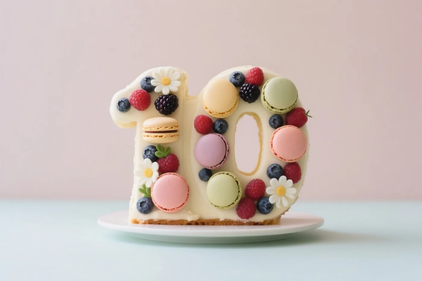 Een taart in de vorm van het getal 10 staat op een wit bord, versierd met macarons, bessen en eetbare bloemen tegen een pastelroze en mintgroene achtergrond.