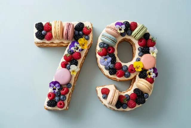 Een taart in de vorm van 79 met bessen, macarons en eetbare bloemen staat tegen een effen lichtblauwe achtergrond.
