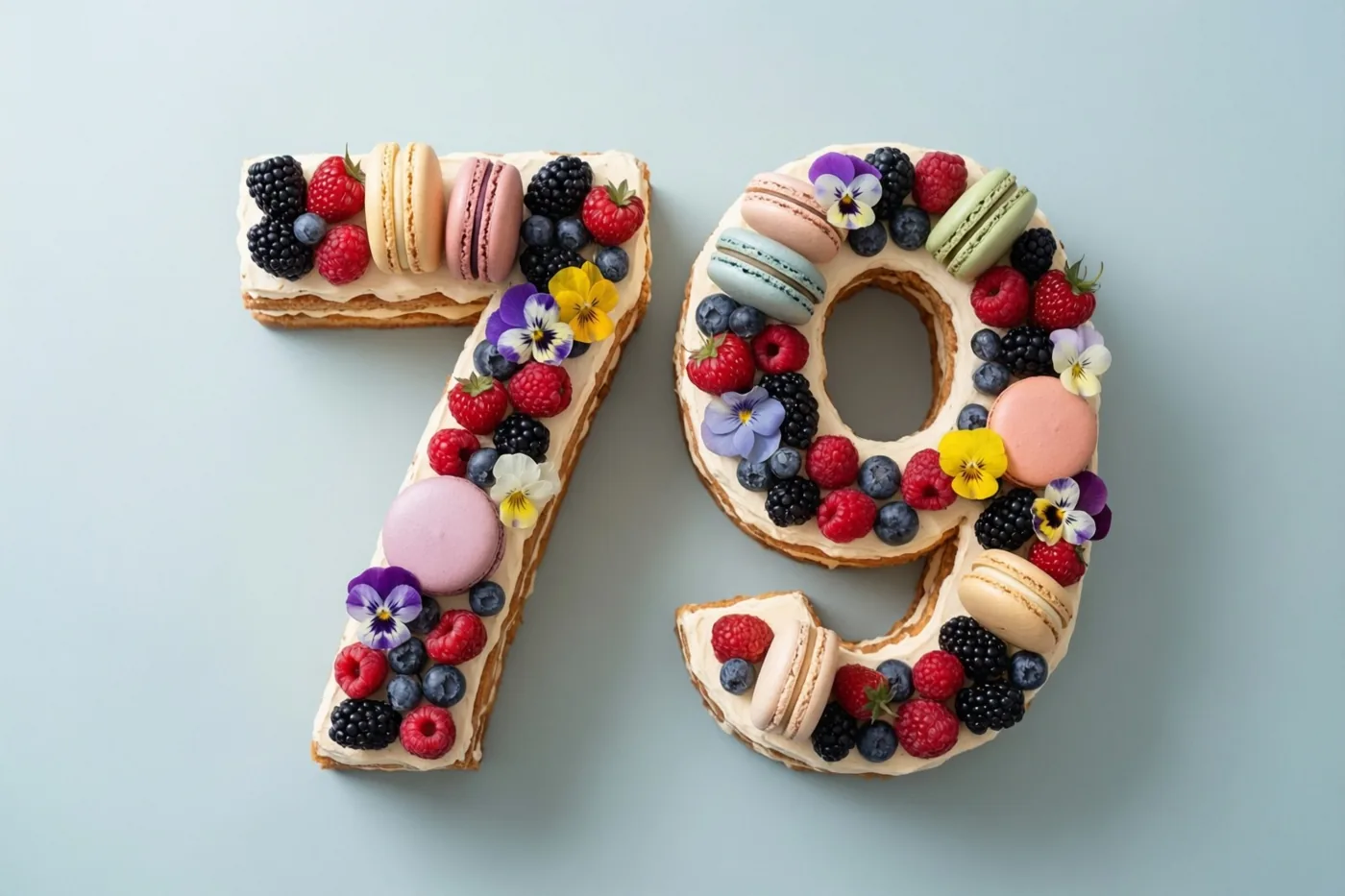 Een taart in de vorm van 79 met bessen, macarons en eetbare bloemen staat tegen een effen lichtblauwe achtergrond.