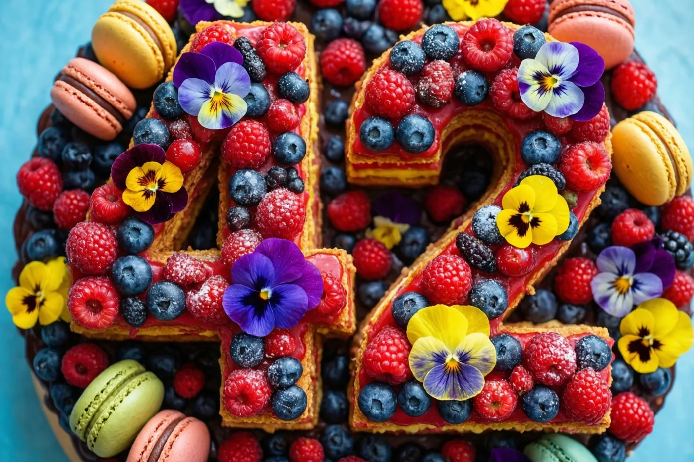 Een taart in de vorm van 42 met frambozen, blauwe bessen, macarons en eetbare bloemen is van dichtbij te zien tegen een lichtblauwe achtergrond.