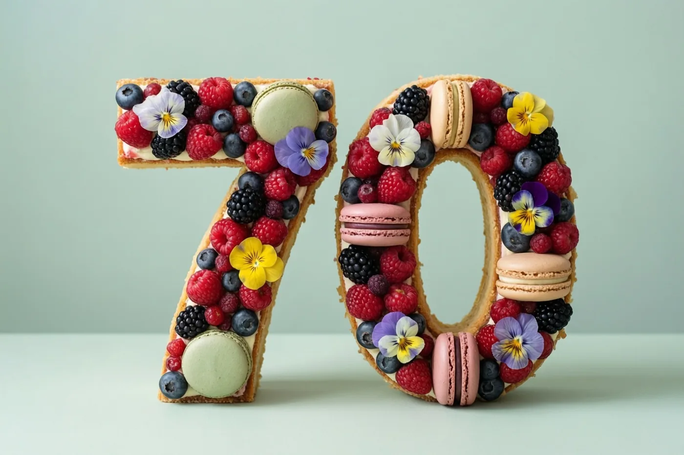 Een taart in de vorm van 70 met bessen, macarons en eetbare bloemen staat tegen een effen lichtgroene achtergrond in zacht licht.