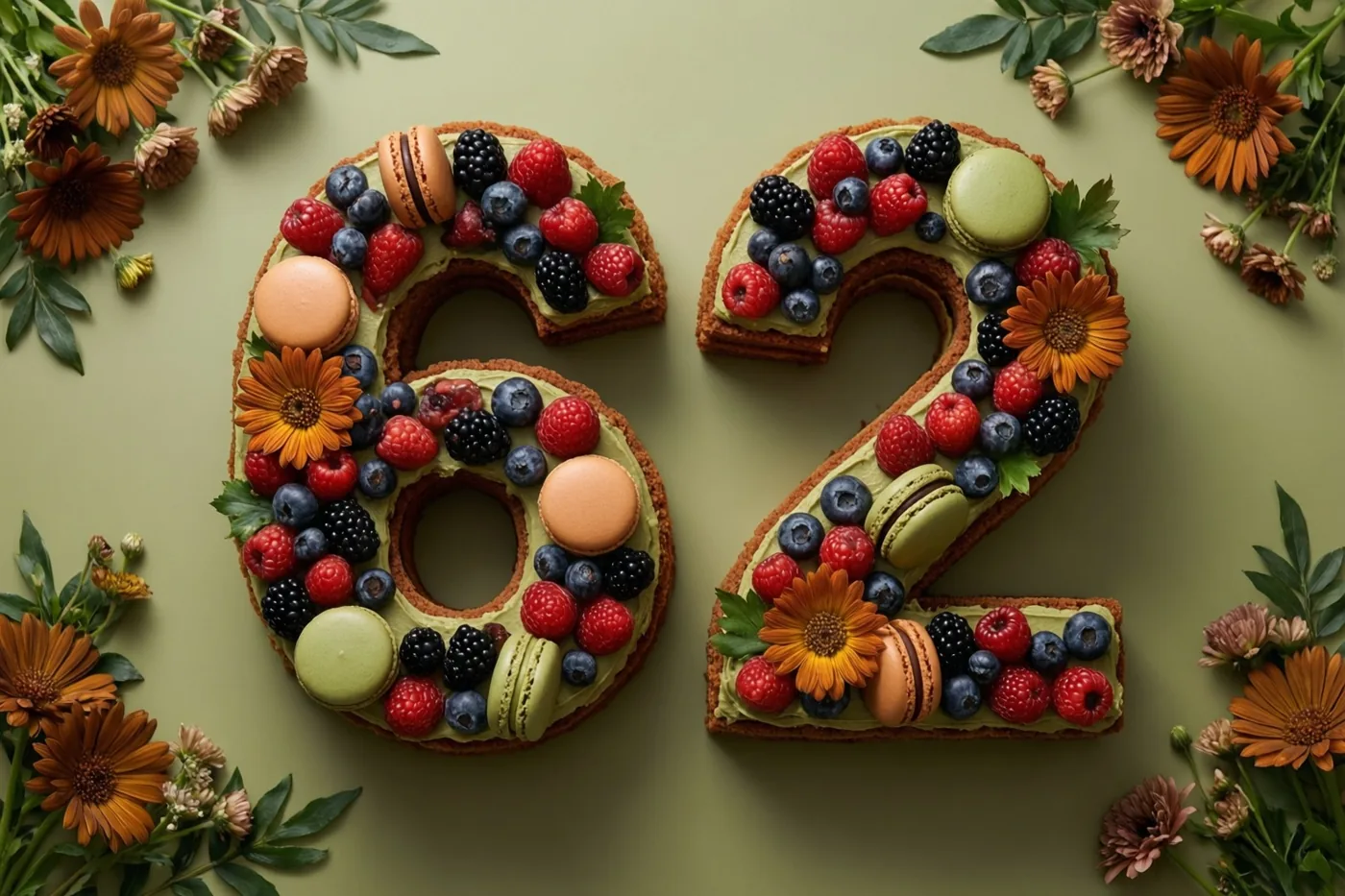 Een taart in de vorm van 62 met bessen, macarons en eetbare bloemen wordt omringd door bloemstukken tegen een effen olijfgroene achtergrond.