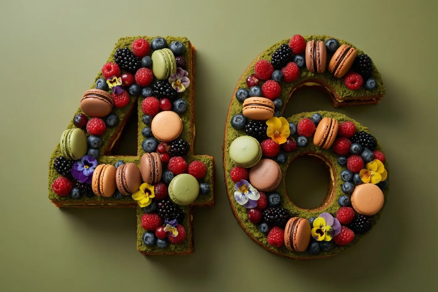 Een taart in de vorm van 46 met bessen, macarons en eetbare bloemen staat tegen een effen olijfgroene achtergrond.