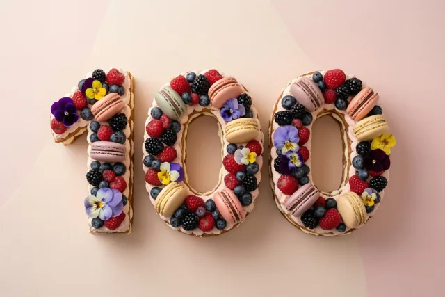 Een taart in de vorm van 100 met bessen, macarons en eetbare bloemen staat tegen een zachtroze en beige achtergrond.