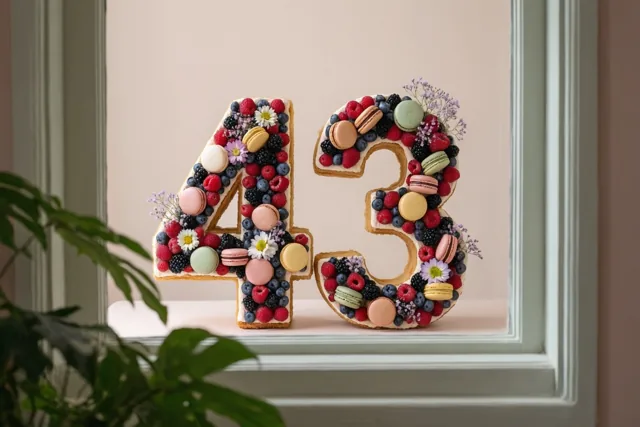 Een cijfertaart in de vorm van 43 met bessen, macarons en eetbare bloemen staat op een vensterbank tegen een zachtroze muur, met groen op de voorgrond.