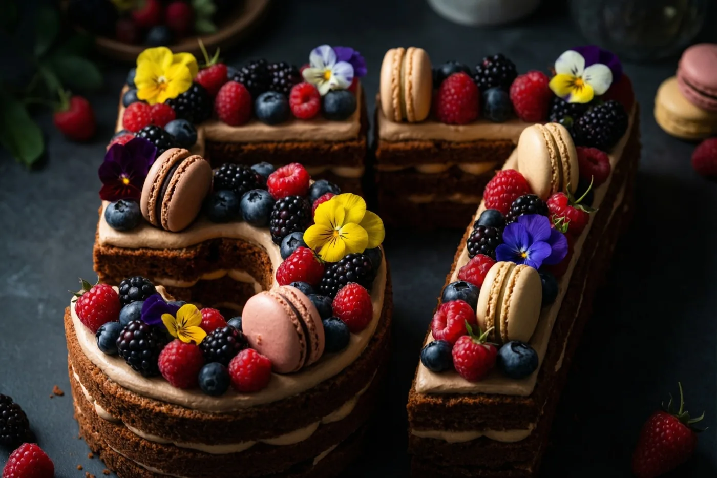 Een taart in de vorm van 57 is versierd met frambozen, bramen, blauwe bessen, macarons en eetbare bloemen, met losse bessen en macarons eromheen tegen een donkere achtergrond.