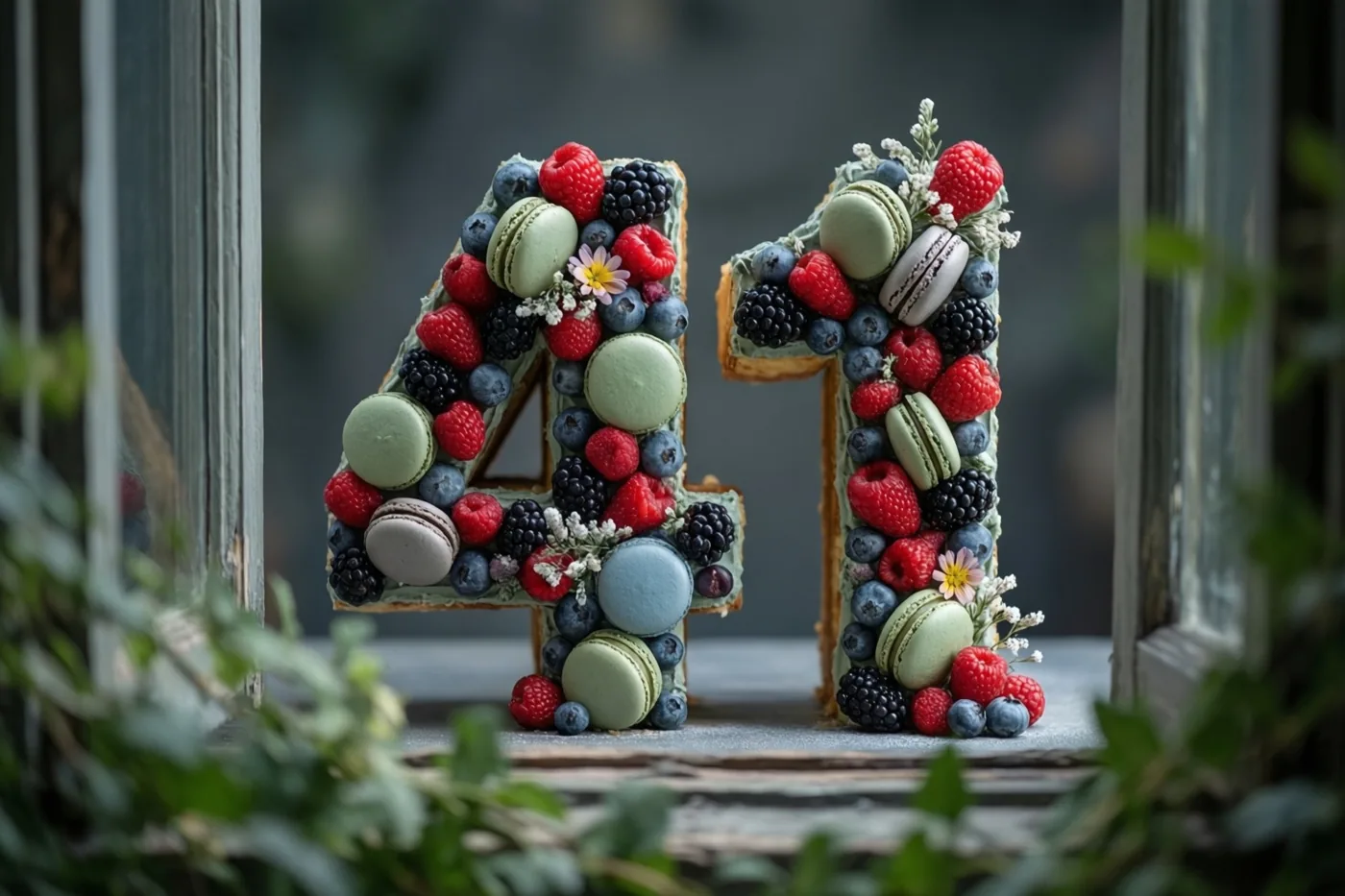 Een taart in de vorm van 41 met bessen, macarons en eetbare bloemen staat op een vensterbank, met groene bladeren op de voorgrond en erachter.