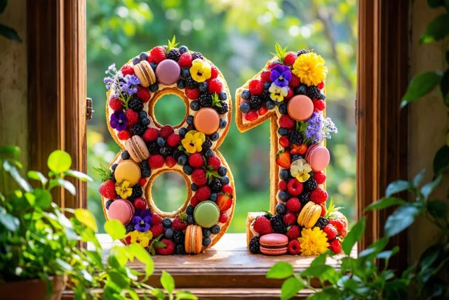 Een taart in de vorm van 81 met bessen, macarons en eetbare bloemen staat op een houten vensterbank tussen groene planten, met een onscherpe tuin erachter.