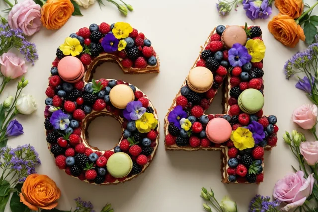 Van bovenaf zijn twee taartdelen in de vorm van 64 te zien met frambozen, bramen, blauwe bessen, macarons en eetbare bloemen op een gebroken witte ondergrond, omringd door rozen en andere bloemen.